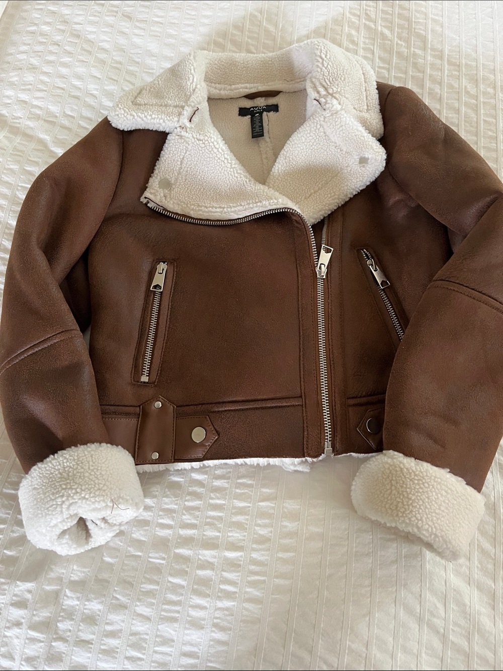 Aqua by Bloomingdale’s Girls Brown Faux-Suede Sherpa Moto Jacket with White Trim